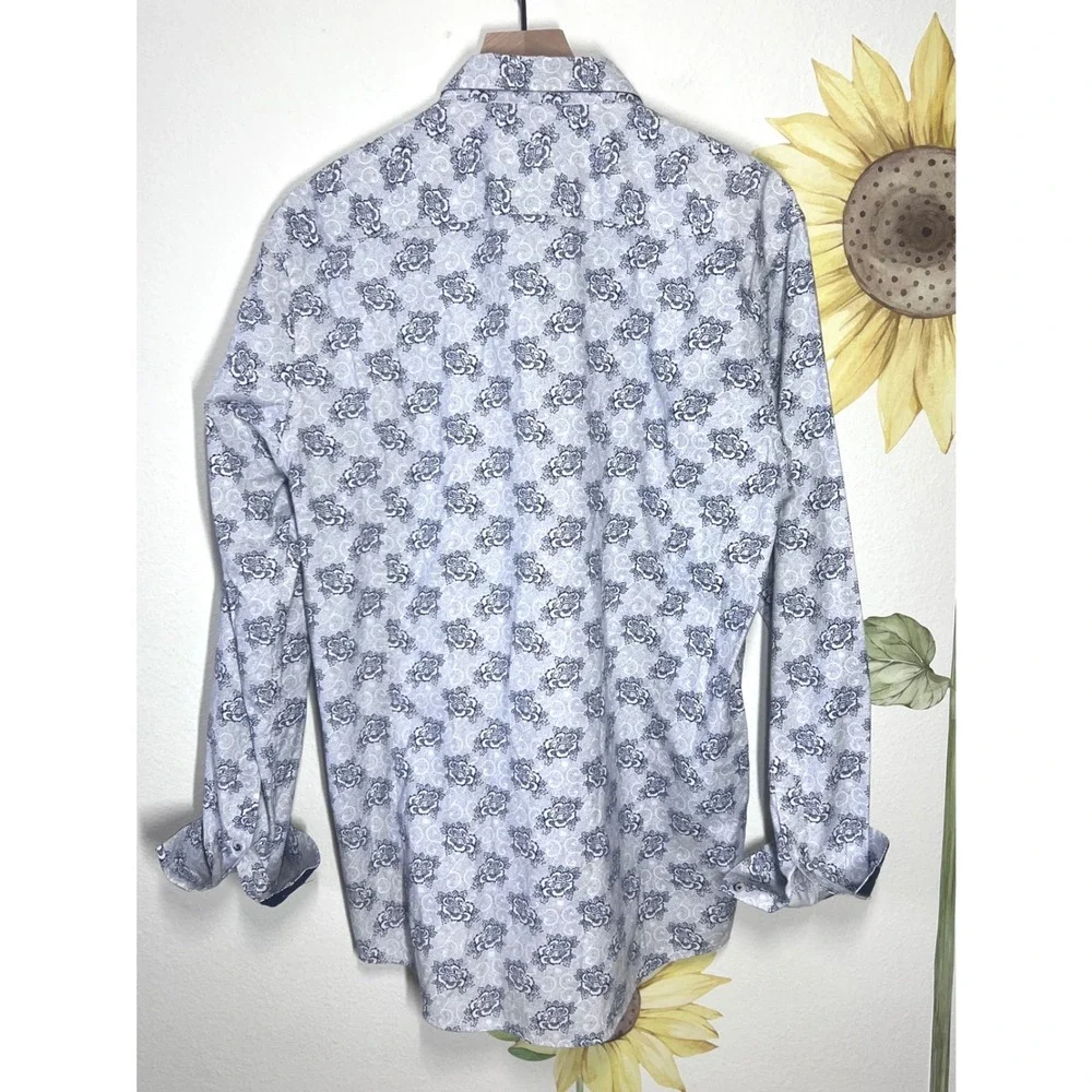 Guide London Mens XL Blue Floral Damask‎ Stretch Long Sleeve Button Down Shirt